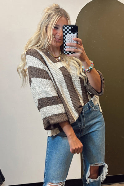 Women's Cocoa Brown Vertical Stripe Bracelet Sleeve Knit Sweater