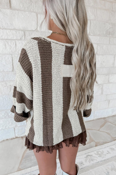 Women's Cocoa Brown Vertical Stripe Bracelet Sleeve Knit Sweater