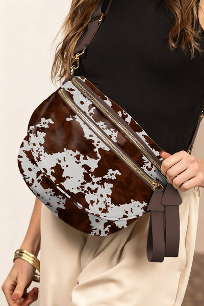 Women's Coffee Cow Print Crescent Crossbody Bag