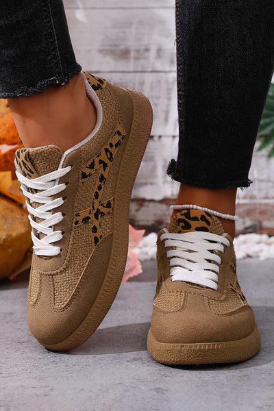Women's Coffee Faux Suede Leopard Patchwork Lace-Up Sneakers