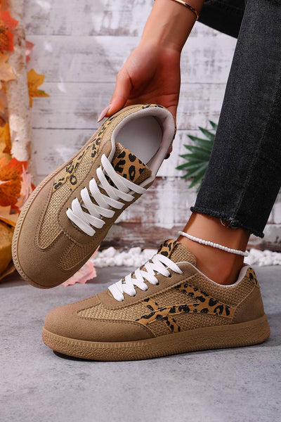 Women's Coffee Faux Suede Leopard Patchwork Lace-Up Sneakers