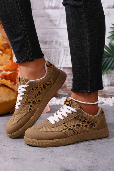 Women's Coffee Faux Suede Leopard Patchwork Lace-Up Sneakers