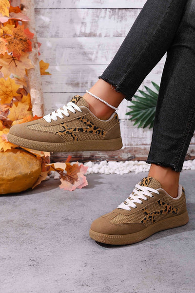 Women's Coffee Faux Suede Leopard Patchwork Lace-Up Sneakers