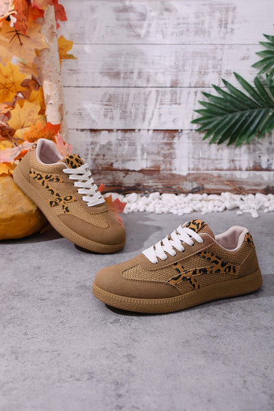 Women's Coffee Faux Suede Leopard Patchwork Lace-Up Sneakers