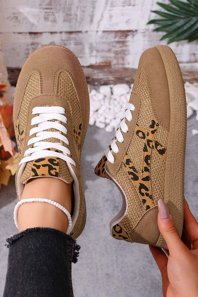 Women's Coffee Faux Suede Leopard Patchwork Lace-Up Sneakers