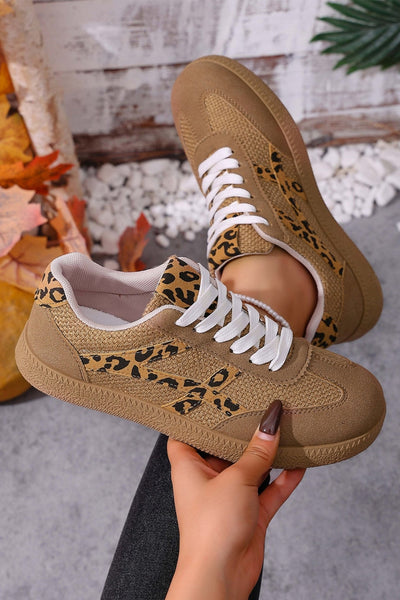 Women's Coffee Faux Suede Leopard Patchwork Lace-Up Sneakers