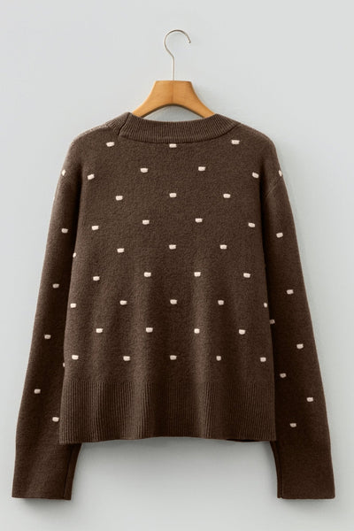 Women's Coffee Polka Dot Knit Crewneck Sweater in Soft Blend