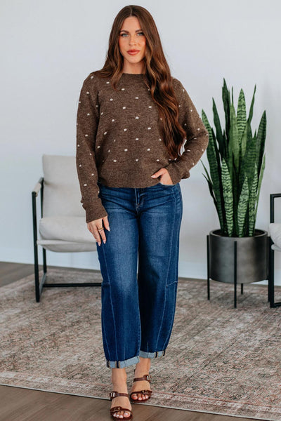 Women's Coffee Polka Dot Knit Crewneck Sweater in Soft Blend