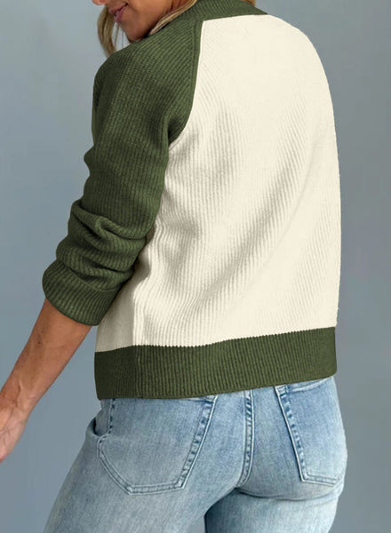 Women's Color Block Ribbed Knit Cardigan in Olive and Cream with practical styling and dependable silhouette control.