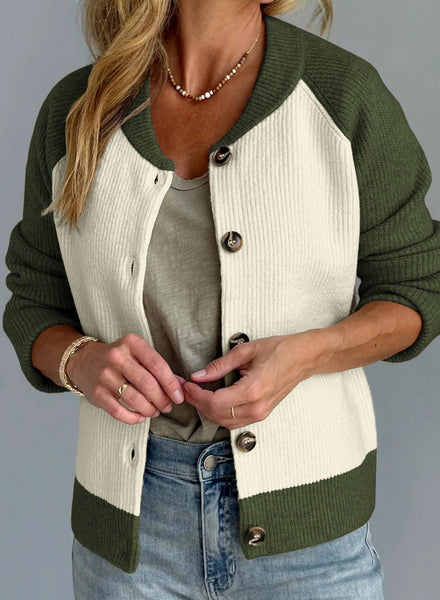 Women's Color Block Ribbed Knit Cardigan in Olive and Cream with practical styling and dependable silhouette control.
