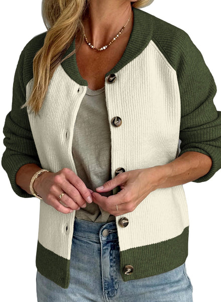 Women's Color Block Ribbed Knit Cardigan in Olive and Cream with practical styling and dependable silhouette control.