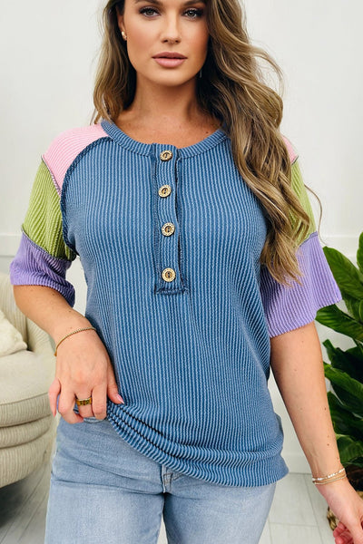 Women's Colorblock Ribbed Henley Tee with Decorative Buttons