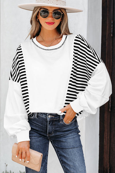 Women's Contrast Stitch Striped Patchwork Sweatshirt
