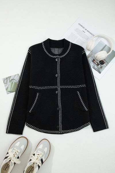 Women's Contrast Trim Knit Cardigan in Midnight Black