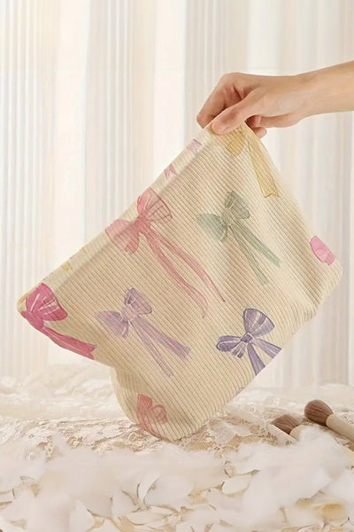 Women's Corduroy Bow Print Makeup Organizer Travel Case