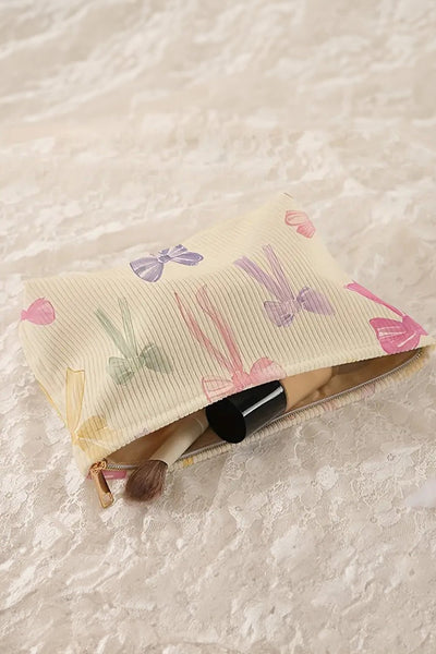 Women's Corduroy Bow Print Makeup Organizer Travel Case