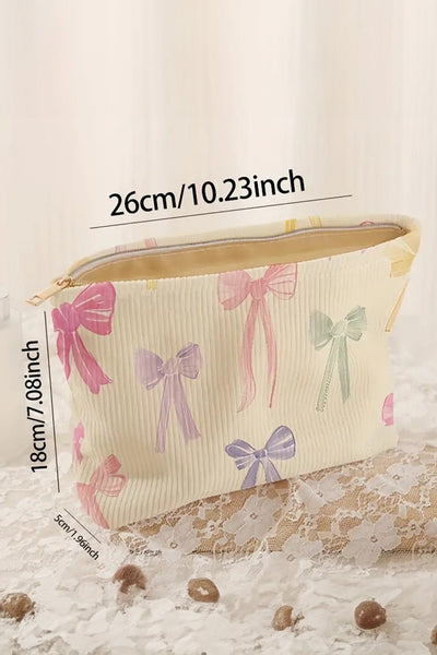 Women's Corduroy Bow Print Makeup Organizer Travel Case