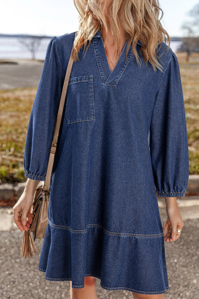 Women's Cotton-Blend Denim V-Neck Shift Dress with Tiered Hem