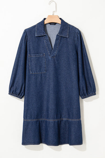 Women's Cotton-Blend Denim V-Neck Shift Dress with Tiered Hem