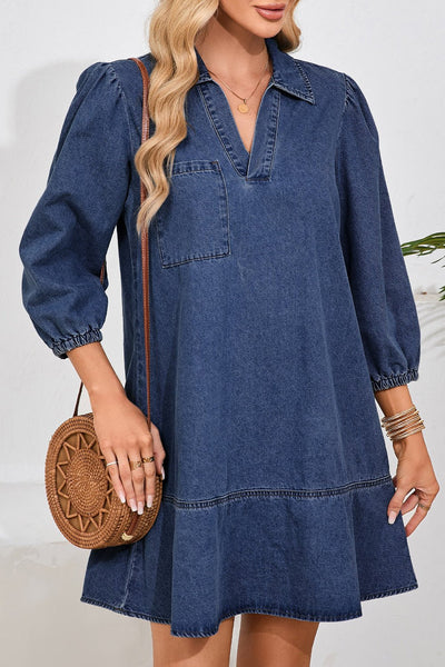 Women's Cotton-Blend Denim V-Neck Shift Dress with Tiered Hem