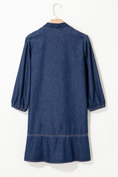 Women's Cotton-Blend Denim V-Neck Shift Dress with Tiered Hem