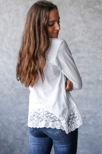 Women's Cotton Blend Lace-Trim Long Sleeve V-Neck Top
