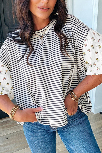 Women's Cotton Blend Striped Floral Puff Sleeve Blouse