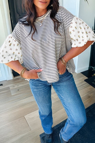 Women's Cotton Blend Striped Floral Puff Sleeve Blouse