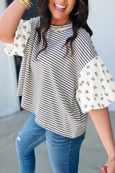 Women's Cotton Blend Striped Floral Puff Sleeve Blouse