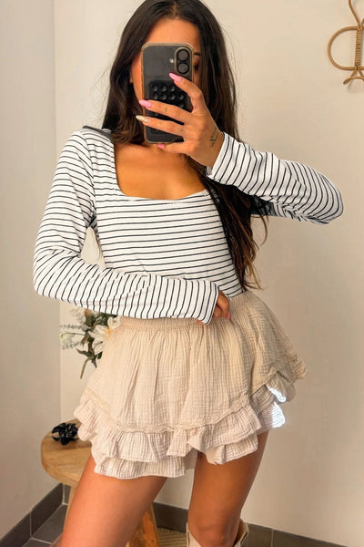 Women's Cotton Blend Striped U-Neck Long Sleeve Blouse
