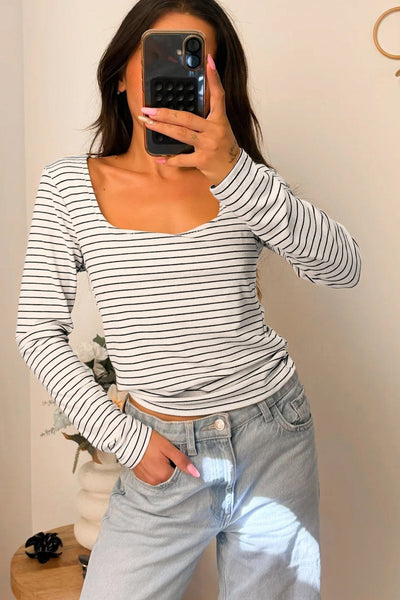 Women's Cotton Blend Striped U-Neck Long Sleeve Blouse