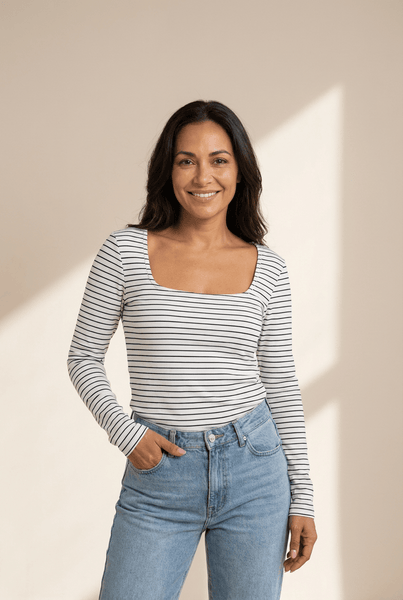 Women's Cotton Blend Striped U-Neck Long Sleeve Blouse
