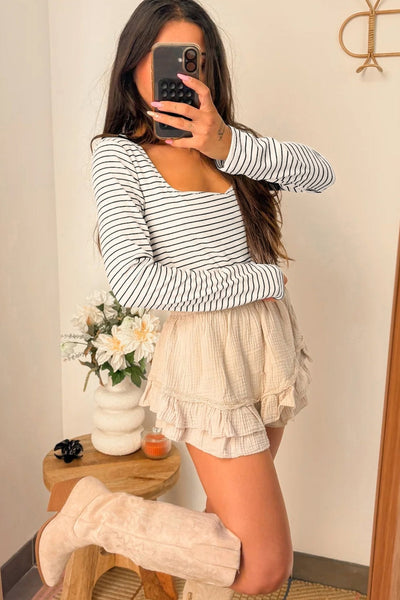Women's Cotton Blend Striped U-Neck Long Sleeve Blouse