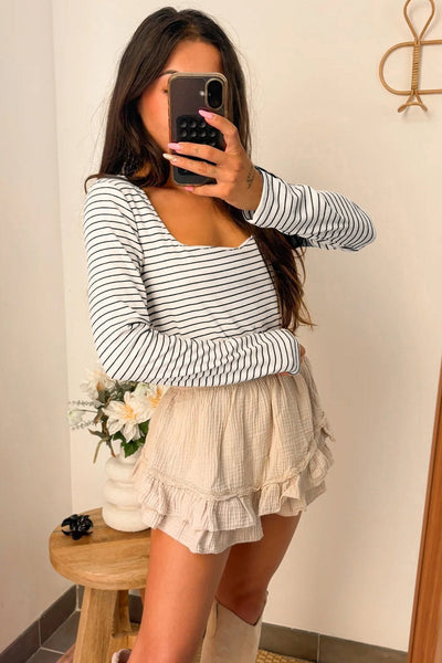 Women's Cotton Blend Striped U-Neck Long Sleeve Blouse