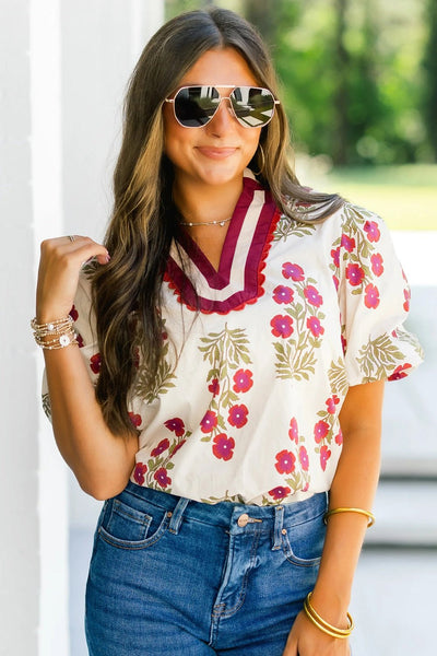 Women's Cotton Floral Block Print Blouse with Scalloped V-Neck