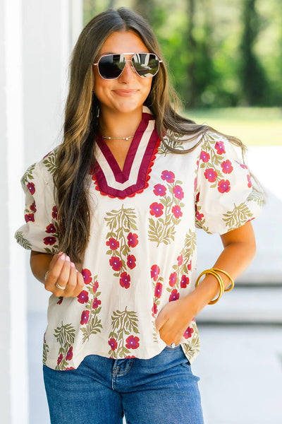 Women's Cotton Floral Block Print Blouse with Scalloped V-Neck