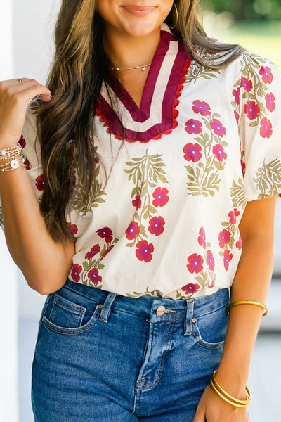 Women's Cotton Floral Block Print Blouse with Scalloped V-Neck