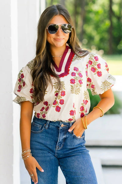 Women's Cotton Floral Block Print Blouse with Scalloped V-Neck