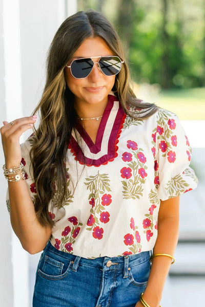 Women's Cotton Floral Block Print Blouse with Scalloped V-Neck