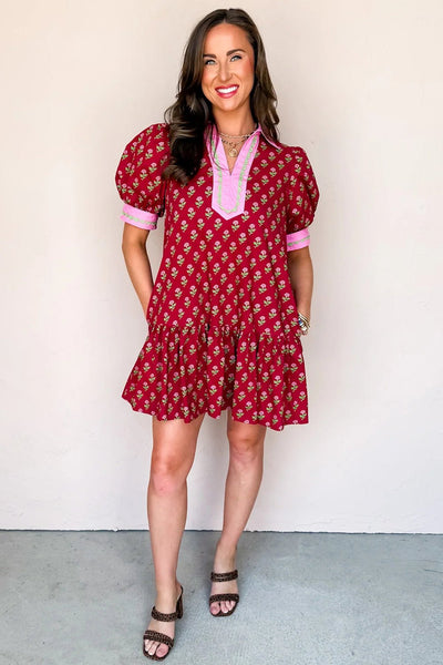 Women's Cotton Red Floral Mini Dress with Ric-Rac Trim