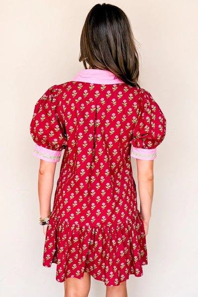 Women's Cotton Red Floral Mini Dress with Ric-Rac Trim