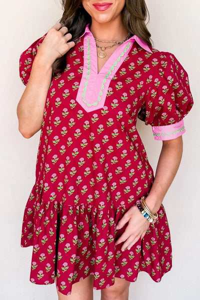 Women's Cotton Red Floral Mini Dress with Ric-Rac Trim