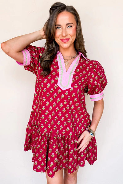Women's Cotton Red Floral Mini Dress with Ric-Rac Trim