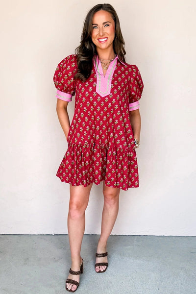 Women's Cotton Red Floral Mini Dress with Ric-Rac Trim