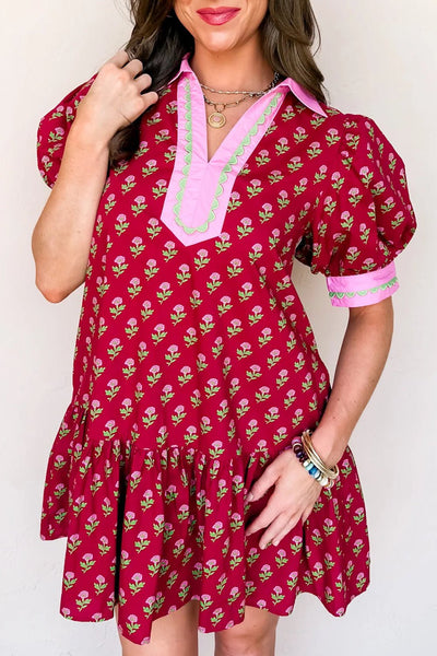 Women's Cotton Red Floral Mini Dress with Ric-Rac Trim