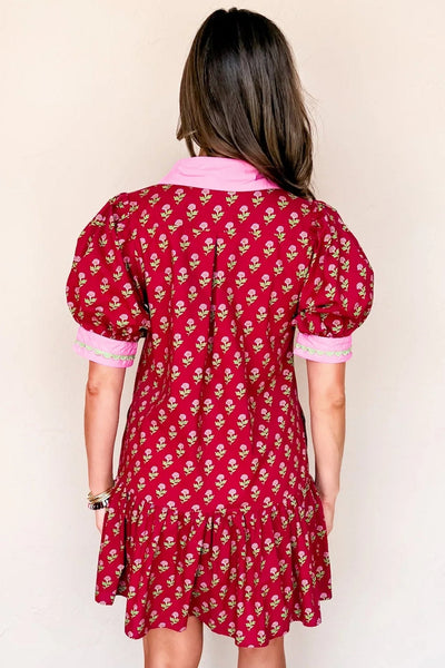 Women's Cotton Red Floral Mini Dress with Ric-Rac Trim