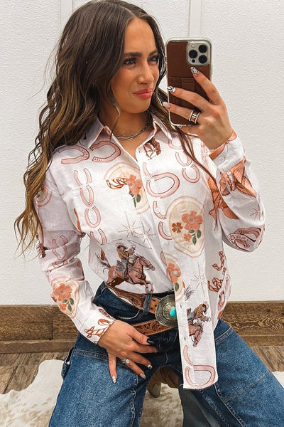Women's Cotton Western Rodeo Print Button-Down Blouse