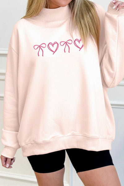 Women's Cozy Apricot Pink Mock Neck Sweatshirt with Heart Bow Embroidery - Perfect for Valentine's Day Style