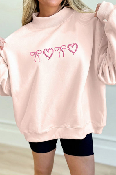 Women's Cozy Apricot Pink Mock Neck Sweatshirt with Heart Bow Embroidery - Perfect for Valentine's Day Style