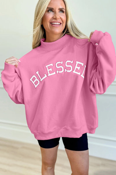 Women's Cozy Women's Bright Pink Oversized Mock Neck Sweatshirt with Blessed Embroidery for Casual Chic Style